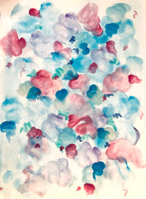 Load image into Gallery viewer, pandemic art watercolor chaotic art abstract expressionism pattern colorful with reds blues greens and pinks central focal point by artist Liza Mowry 18 by 24 inches on paper post covid 19 art work subject based on quarantining in quarantine in Ohio for months in the year 2020 dream like quality to the image that was made based off of memories from the artist located in Detroit Michigan