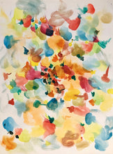 Load image into Gallery viewer, pandemic art watercolor chaotic art abstract expressionism pattern colorful with reds blues greens and yellows central focal point by artist Liza Mowry 18 by 24 inches on paper post covid 19 art work subject based on quarantining in quarantine in Ohio for months in the year 2020