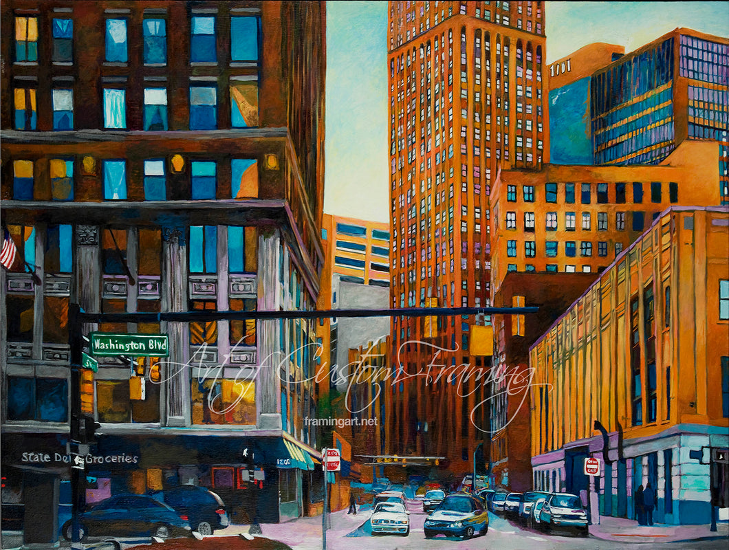 In the city first person, lots of orange-brown buidlings reach the top of the painting. Image takes place in the intersection where painted cars are turning and parking alongside the road. 