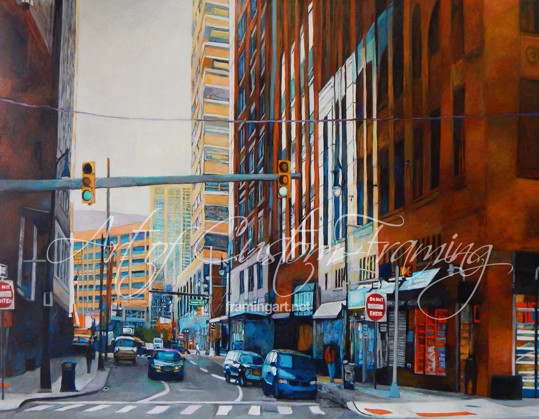 Tall buildings in the city, focal point is the intersection where blue cars are merging through traffic. Oil painting by Richard Culling. 