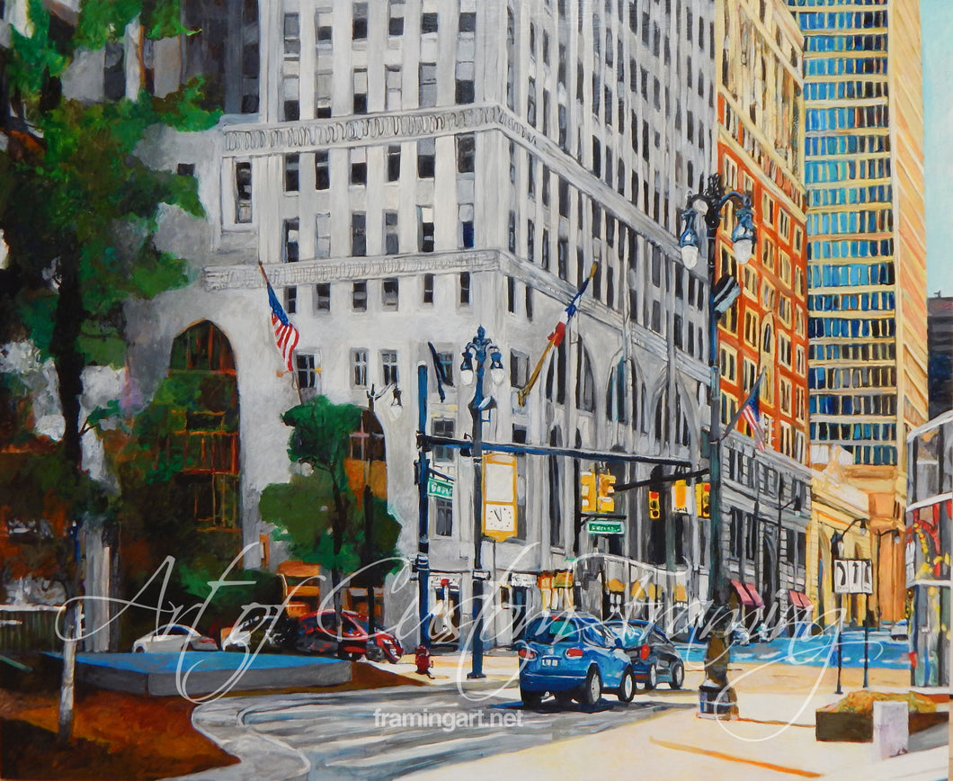 Tall buildings reach the top of the painting composition. There is an intersection where cars are stopped at a red light. Along the light pole hanging is a small golden clock hands at 11:54 am 