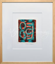 Load image into Gallery viewer, Abstract by Deborah Friedman original artwork framed with light wood abstract monotype with cyan and red color