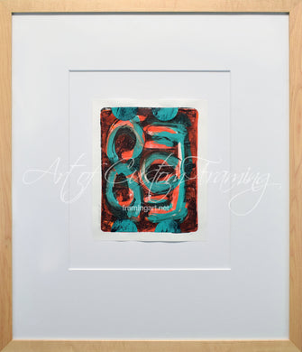 Abstract by Deborah Friedman original artwork framed with light wood abstract monotype with cyan and red color