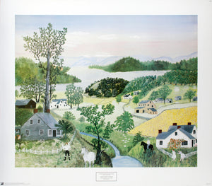 A beautiful world poster landscape with trees and houses by grandma moses