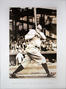 Babe Ruth Poster Image black and White Classic Photo of Babe Ruth playing baseball. He is about to hit the ball  in the picture with a large crowd in the bleachers behind him. He looks focused and determined to get a home run. 