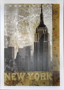 An Abstract representation of Manhattan,New York. With a skyscraper as the focus of the image, a map of New York Fills the background with white ink. There is a border on half of the image of a yellow orange brown tone. Underneath the skyscraper in the bottom portion it says NEW YORK in all capital letters, in the corner there is a NY stamp in white.