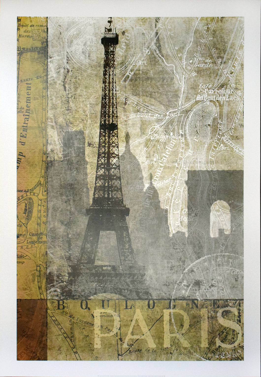 This is a picture of the eiffel tower in paris. The color scheme is browns and reds in a nuetral tone palette. There is a transparent map overlaying the eiffel tower, below the tower it says Paris in all capital letters. Behind the Eiffel tower is a silhouette of Paris. 
