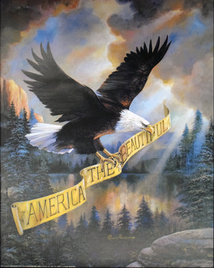 America the Beautiful by Ruane Manning16 x 20 inches Poster Print  Artists depiction of a bald eagle holding a banner with the saying 