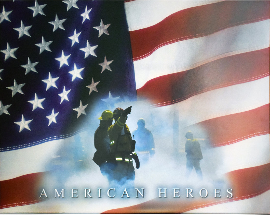 American Heros poster for veterans patriotic flag poster with firefighters from 9/11 September eleventh. firefighters in a cloud with the american flag in the background waving red white and blue