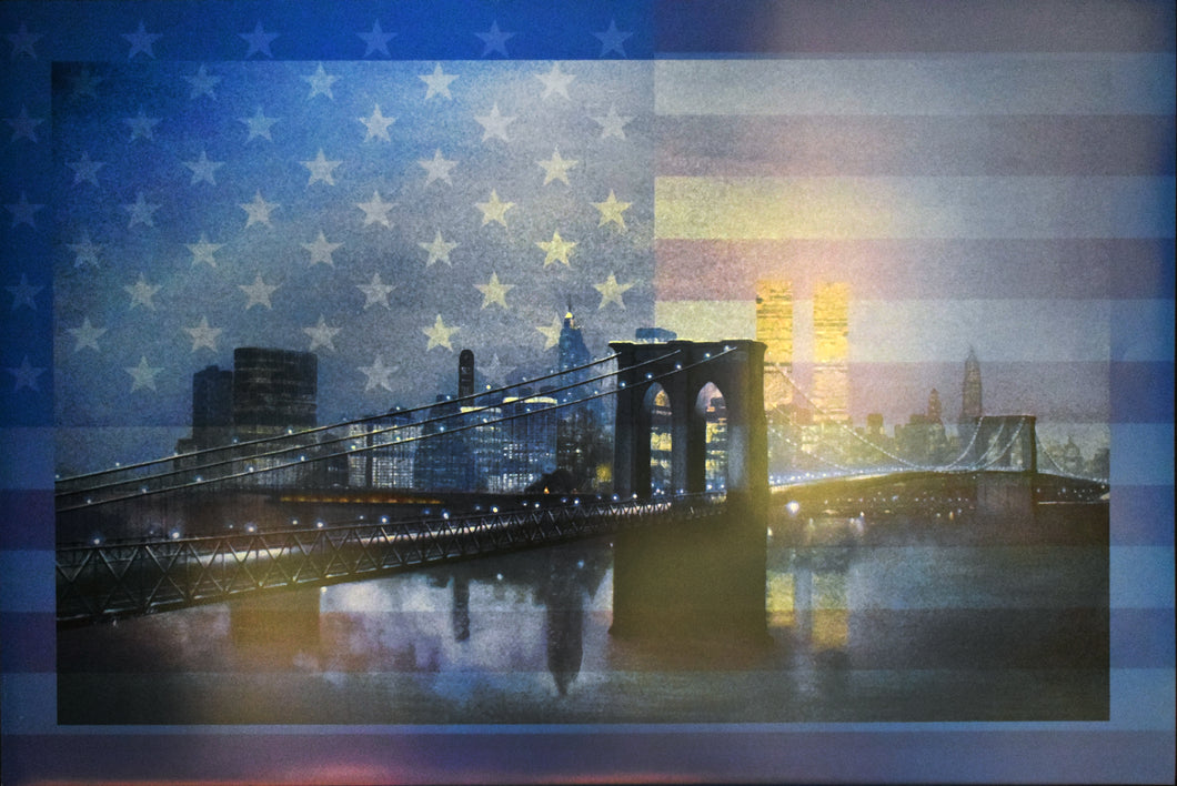 America Forever by Diana Romanello 32 x 21.25 inches Poster Print  Artist depiction of the New York City skyline and Brooklyn Bridge with the World Trade Center highlighted in the background and the American flag in the sky.  Unframed, in good condition. American flag transparent in background of image