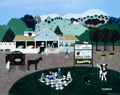 Apples for sale by perkins poster of a painting 11 by 14 inches. Image is a landscape with hills and mountains in the background. There are cows on the central hill behind a farmhouse closer to the foreground. The framhouse is light blue and there is an older couple in the window serving apple donuts. The name of the farm is The Red Apple. 