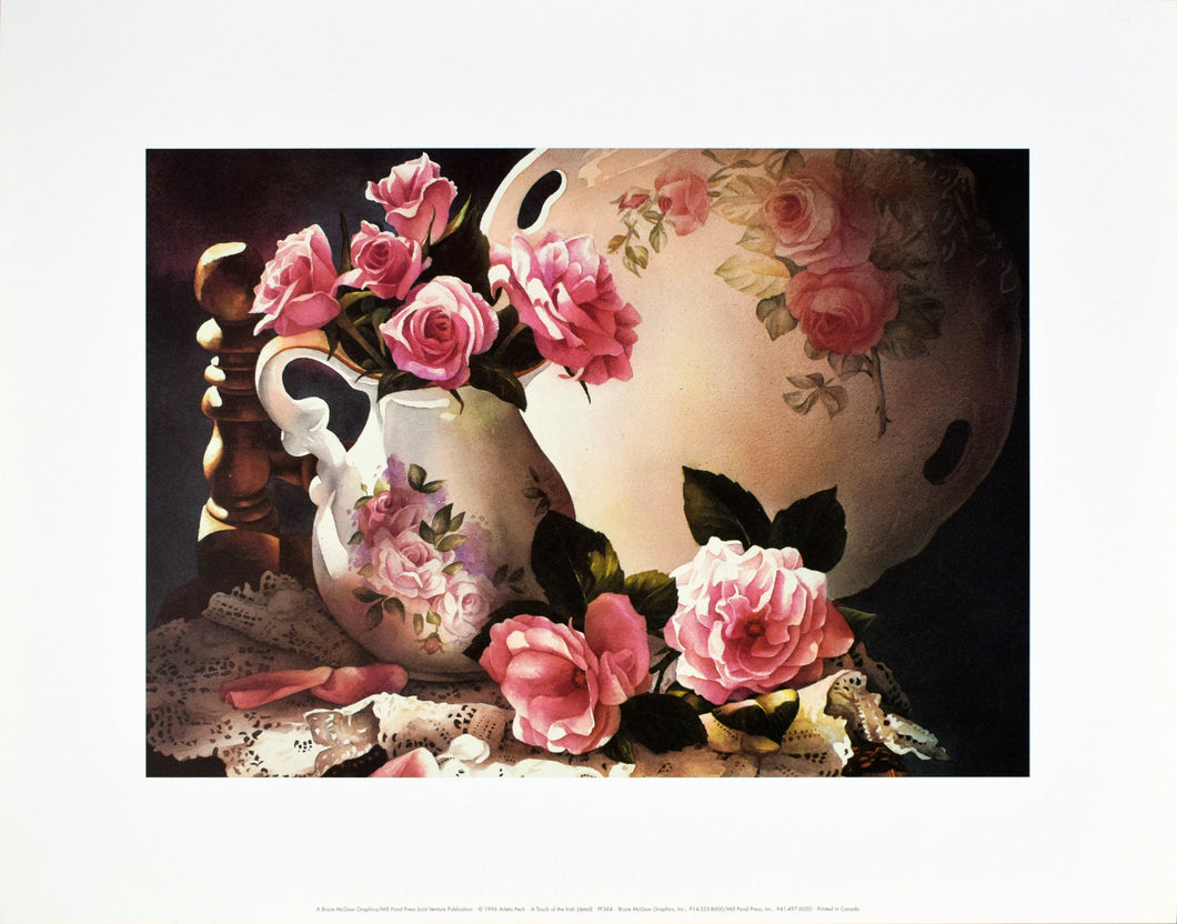 A Touch of the Irish by Arleta Pech Poster of Pink Roses in Pitcher on table top 