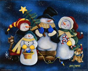 Poster of a painting by Jamie Carter. A group of snowmen of different shapes and sizes, a small dog wearing a christmas hat sits next to the four snowmen. They are wearing various red and green hats. The snowmen all have smiles on their faces. The background is blue and black depicting a starry and snowy night sky