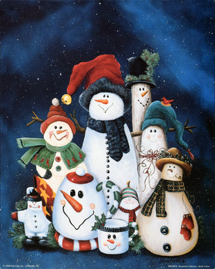 Poster of a painting by Jamie Carter. A group of snowmen of different shapes and sizes. Some of the snowmen are mugs or ornaments. They are wearing various red and green hats. The snowmen all have smiles on their faces. The background is blue and black depicting a starry and snowy night sky
