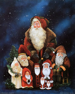 A group of Santas of different sizes. Poster of a painting by Jamie Carter for the Christmas holiday. The background is of a starry and snowy night sky.