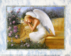 An Angel Resting on a stone ledge with a classical design. Poster is 8 by 10 and unframed but image has a marble white border. Next to the blonde angel there is a bushel of pink flowers surrounding her and pedals falling off.