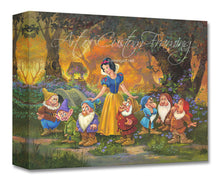 Load image into Gallery viewer, Snow white and the 7 dwarves on a canvas 12 by 16 inches. The setting is outside around purple flowers, in the distance there are trees and a water well with an orange sunlight gleaming into the image. 