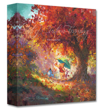 Load image into Gallery viewer, A Disney Painting reproduction on canvas. Image is of Winnie the Pooh under a tree in the fall with a green umbrella. He is next to piglet who is picking up leaves that have fallen from the tree. 