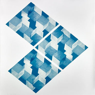 Original print by Mel Bochner a museum artist found in the chicago museum of art and other museums. This piece is three large blue squares arranged pointing like an arrow to the right. Inside of the blue squares there are light blue and dark blue cubes scattered around to create a sense of depth and perspective to this abstract screen print. 